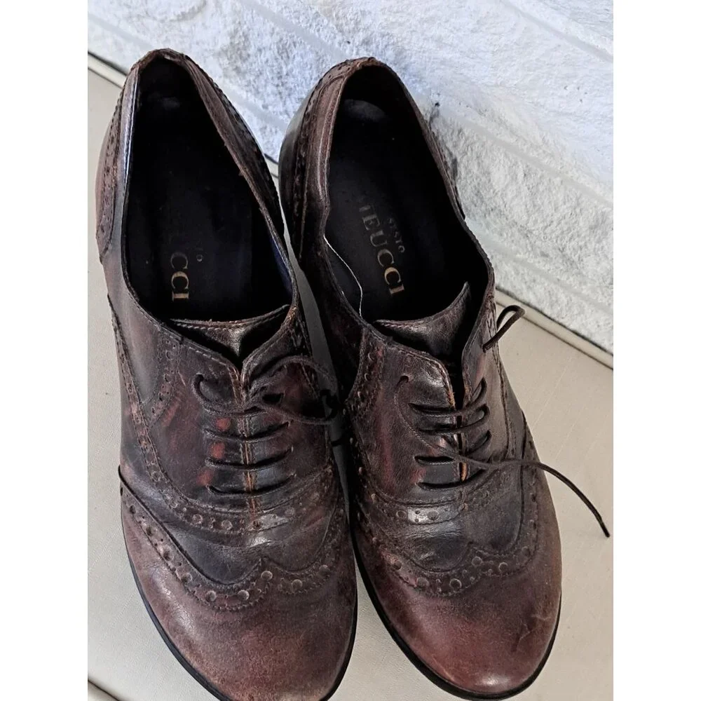 Sesto Meucci Women's 8.5 Wingtip Brown Leather Lace-Up Wedge Shoes Brogue